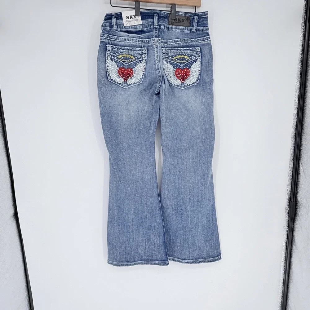 SKY Premium Collection Heart Angel Wings Halo Bling Rhinestone Flare Jeans 13